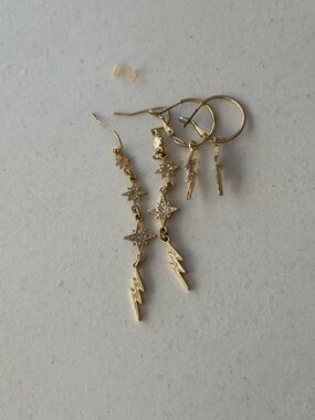 Gold Star & Lightning Dangle Earrings with Rhinestones